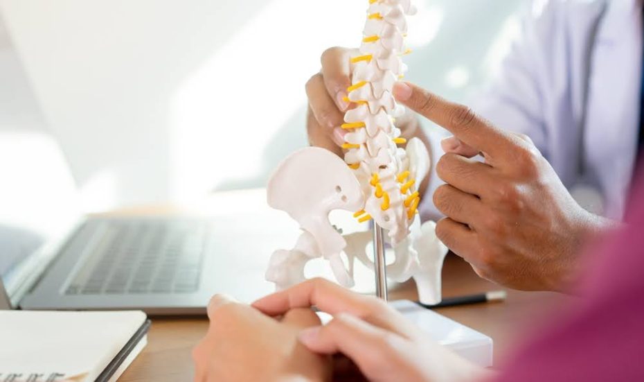 hand pointing to a specific vertebrae on a model of a spine. Another pair of hands is folded together in the foreground.