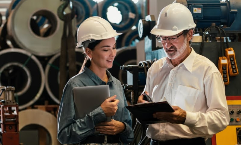 Man and woman wearing hardhats have a conversation while looking at something on a tablet.