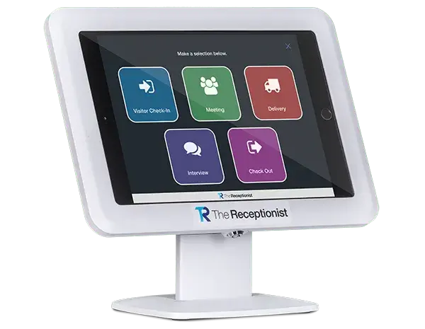 The Receptionist for iPad button screen on desk stand.