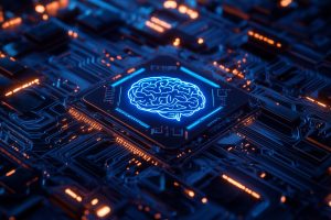 a simulated computer chip board with a component in the middle with a brain on it.