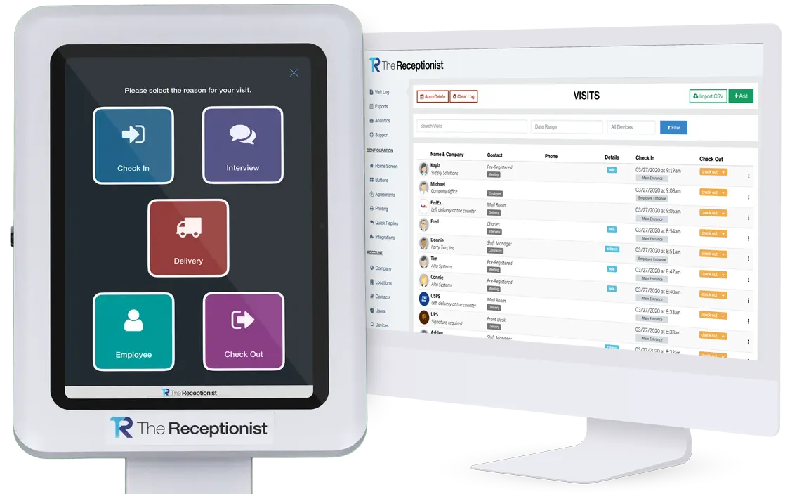 The Receptionist for iPad Visitor Management System Customizable Check-In Buttons with the Desktop Admin Visit Log Interface
